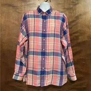 CREMIEUX 100% Linen Plaid Button Down Shirt Mens XL Blue & Pink Long Sleeves EUC